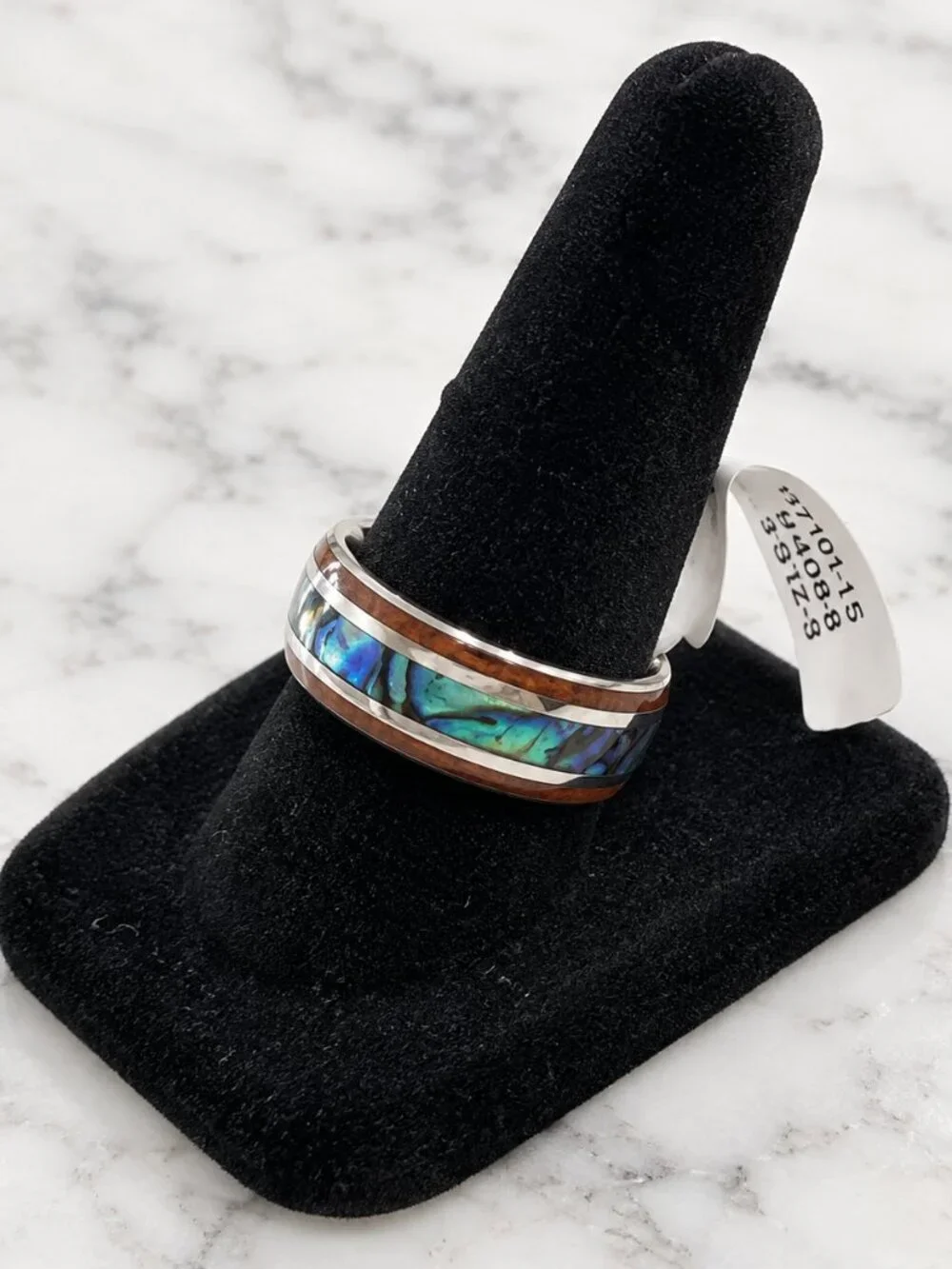 Men's Abalone Inlay Tungsten Ring with Wood Accents - Blue/Green
